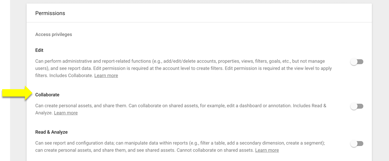 collaborate permission in Google Analytics
